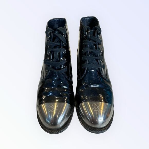Chanel Patent Leather Metal Toe CC Boots 37 - Picture 2 of 9